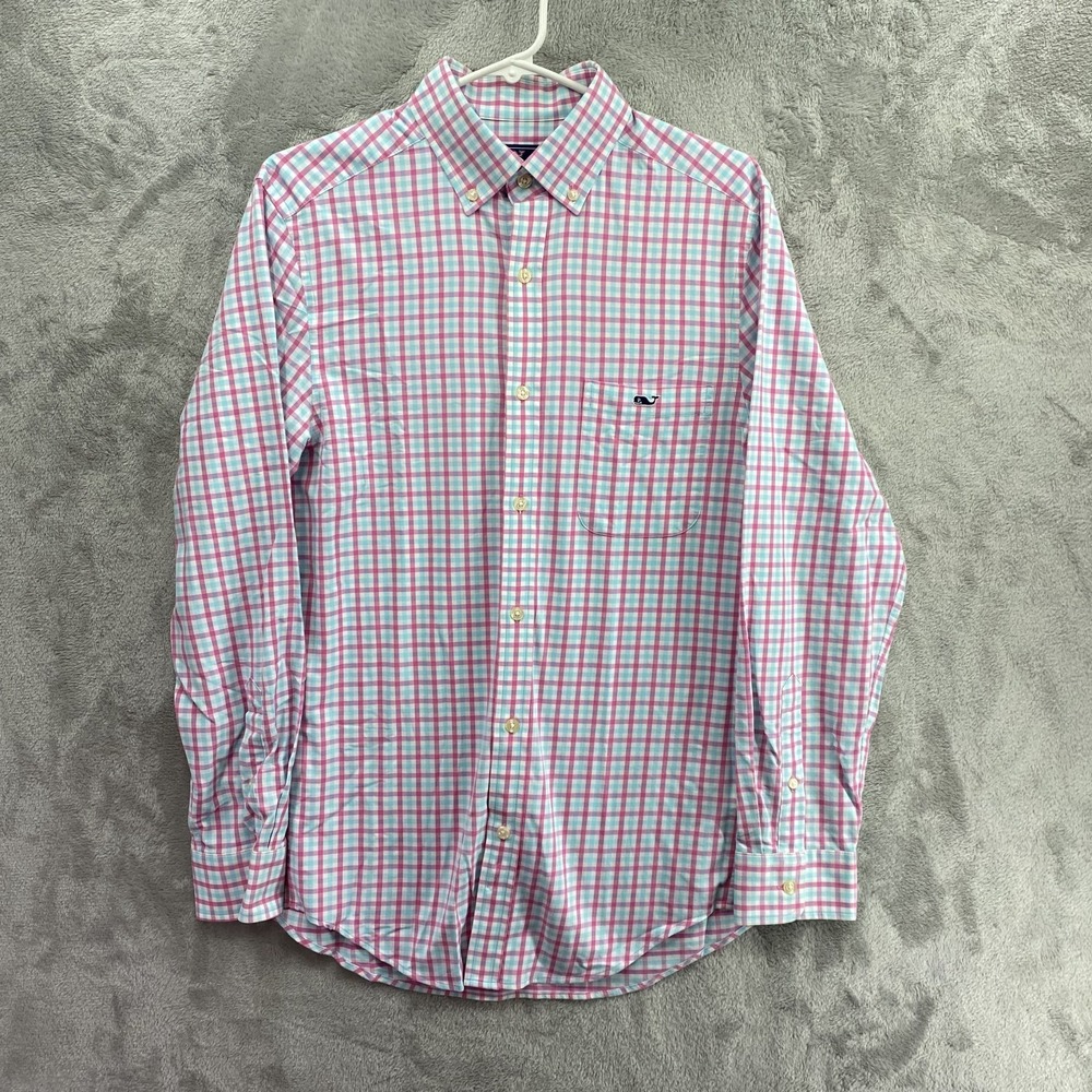 Vineyard Vines Men XS Performance Tucker Pink Blue Gingham Check Shirt